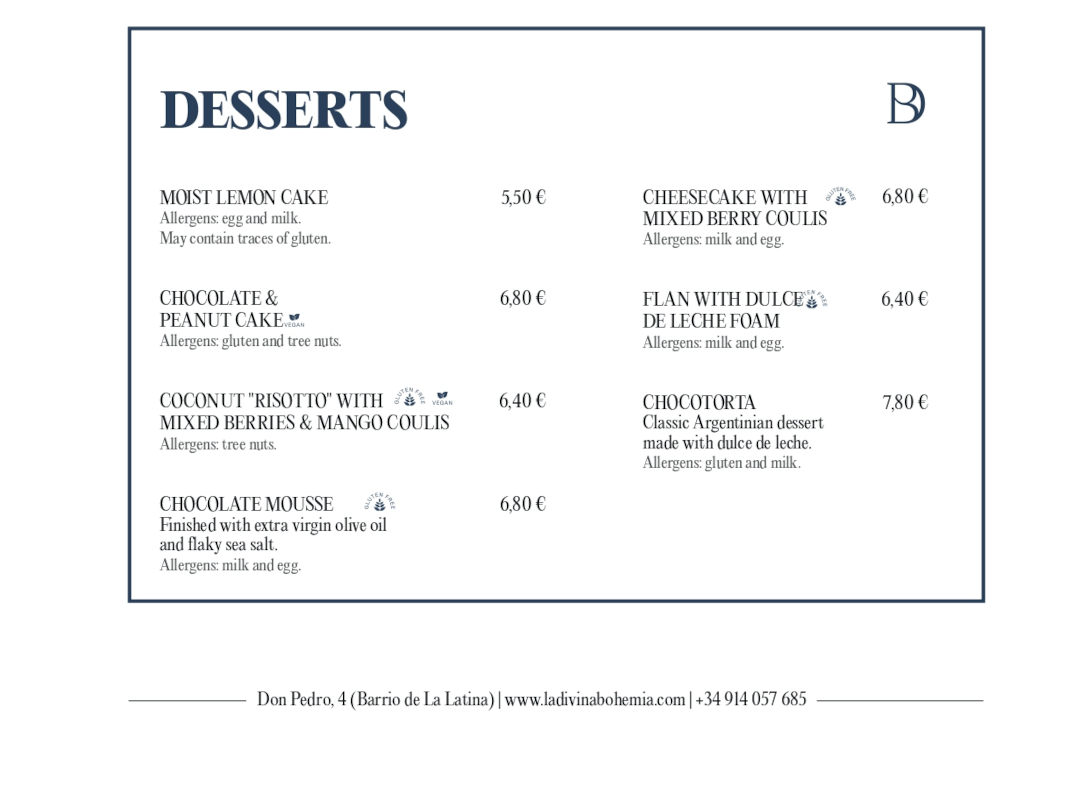 Desserts for La Divina Bohemia in Madrid's La Latina neighborhood