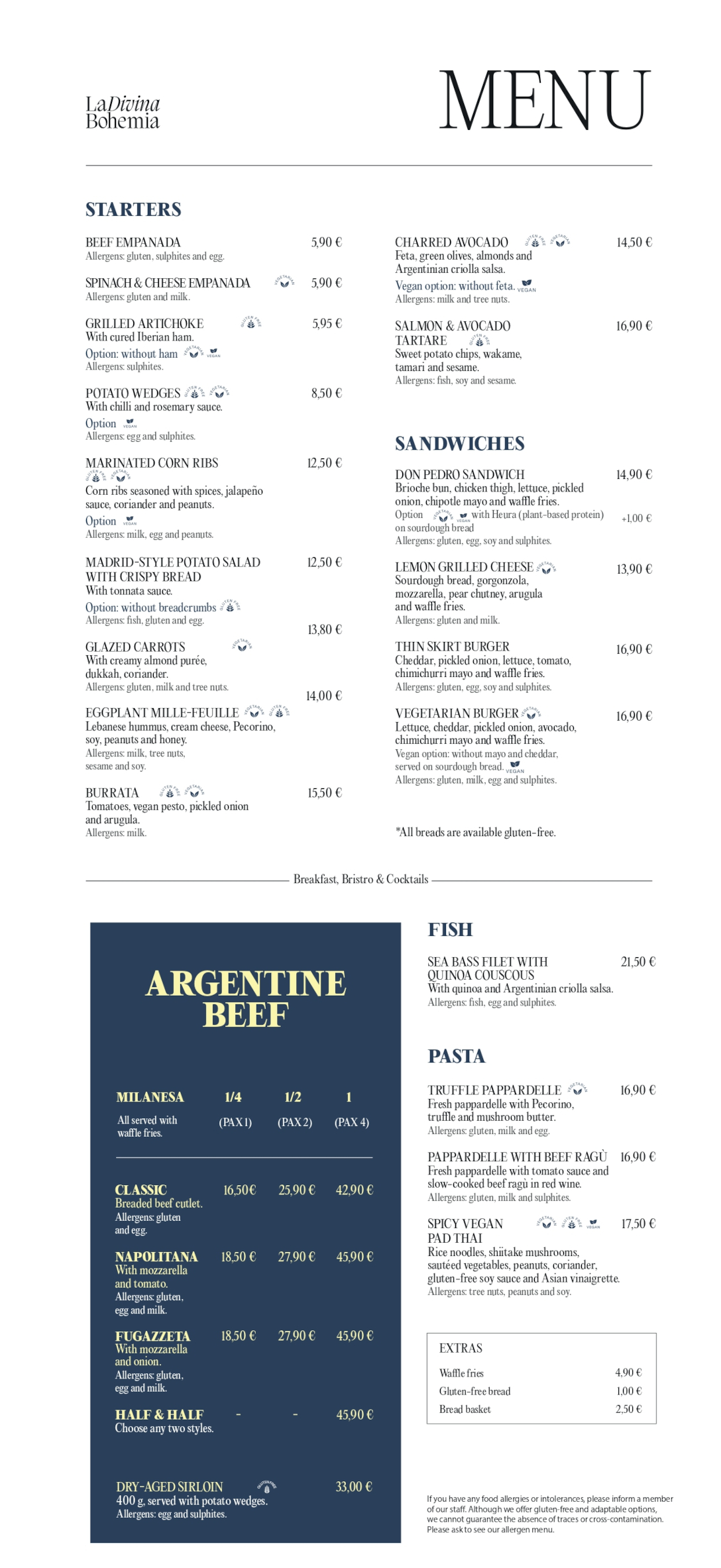Menu for La Divina Bohemia in Madrid's La Latina neighborhood